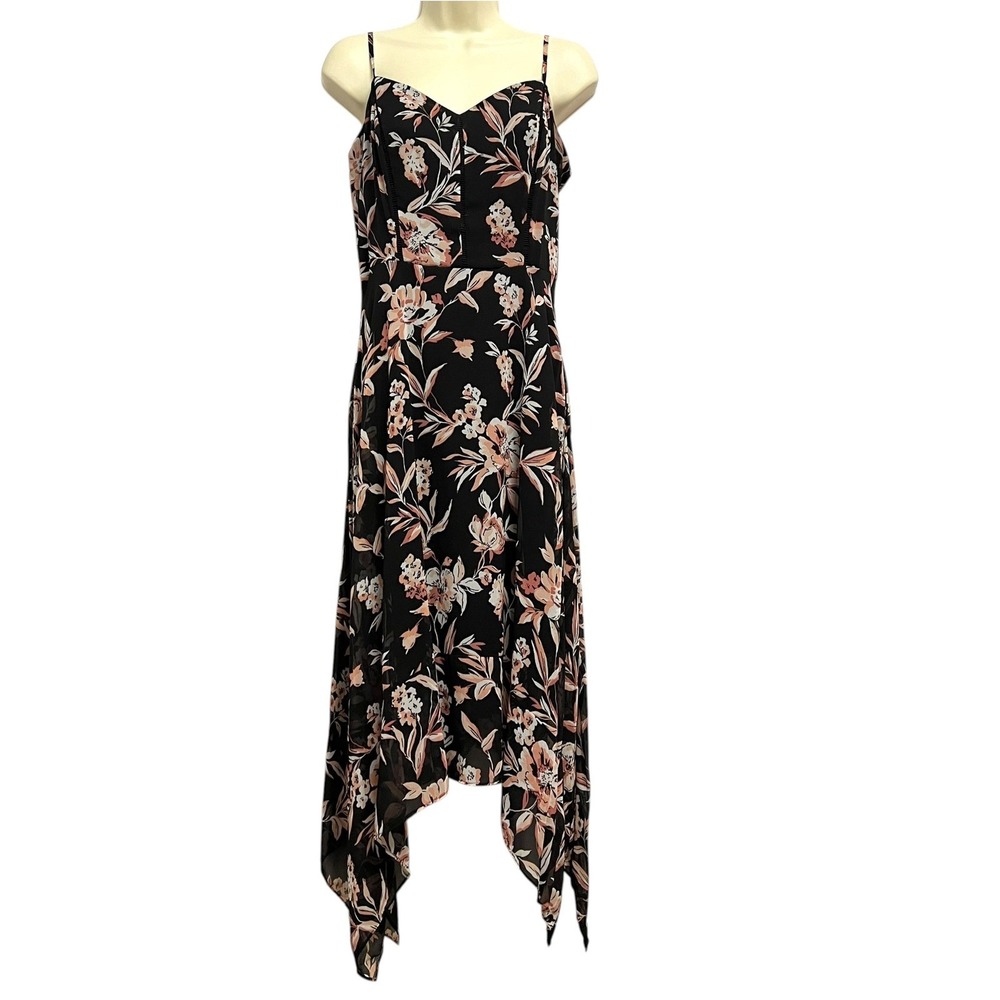 White House Black Market Dress Womens 8 Black Pink Floral Handkerchief Hem Midi